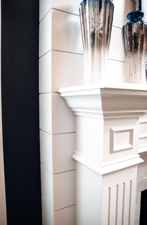 Cast-stone mantle profile detail — Blackstone family room renovation in Aurora, Colorado