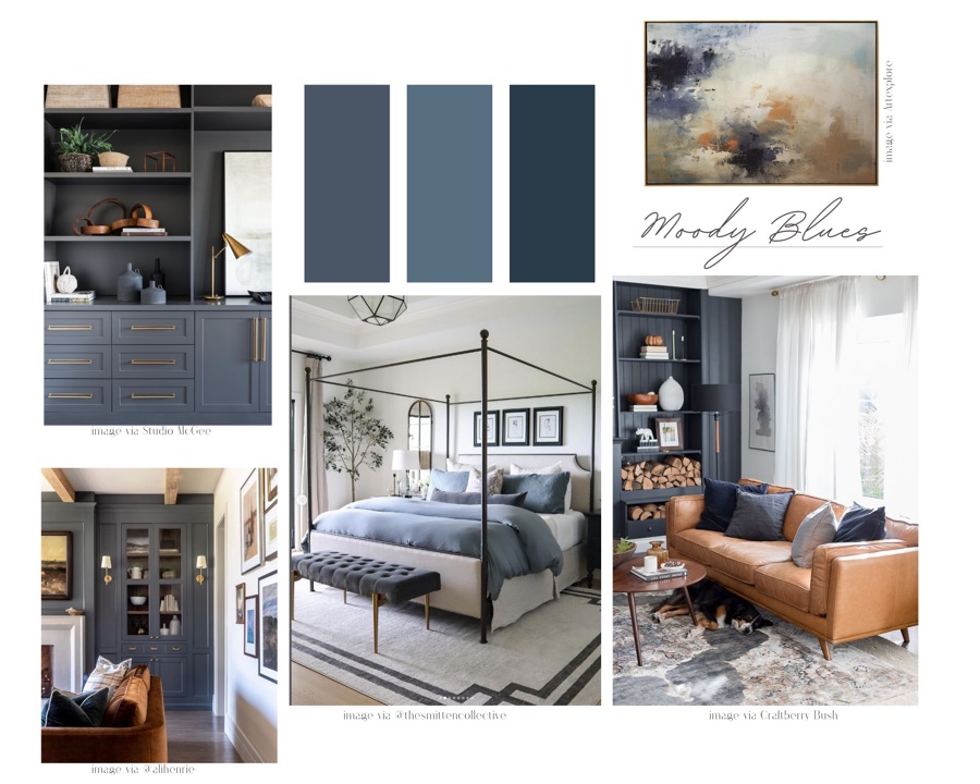 Moody Blues mood board — navy and indigo with brass accents