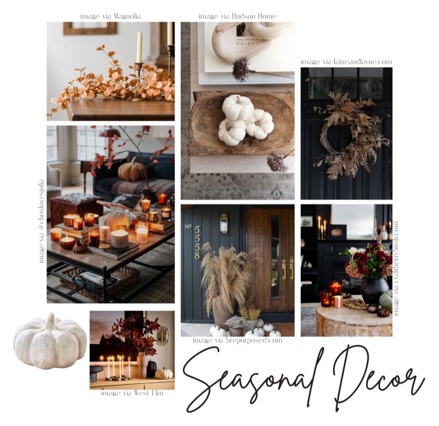 Seasonal Decor mood board — pumpkins, wreaths, and autumn table settings