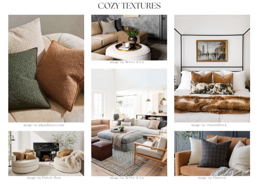 Cozy Textures mood board — velvet, wool, and faux fur