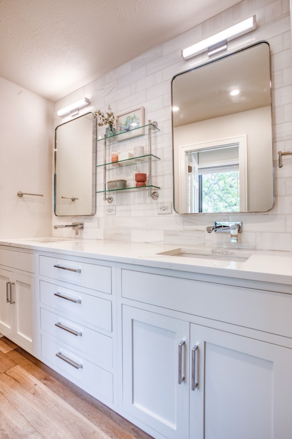 Walk-in shower with rain head and wood-look accents — Fulton Street whole house renovation in Greenwood Village