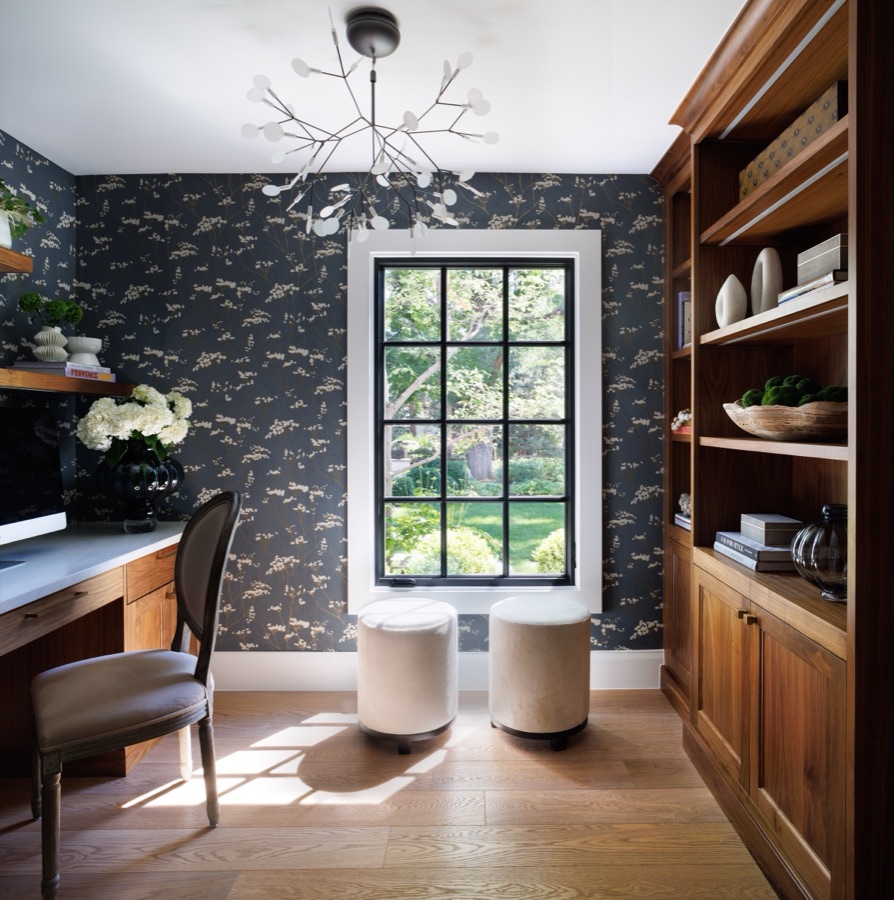 Home office with dark botanical wallpaper, walnut built-ins, and sputnik chandelier — Greenwood Village hidden-detail whole home renovation