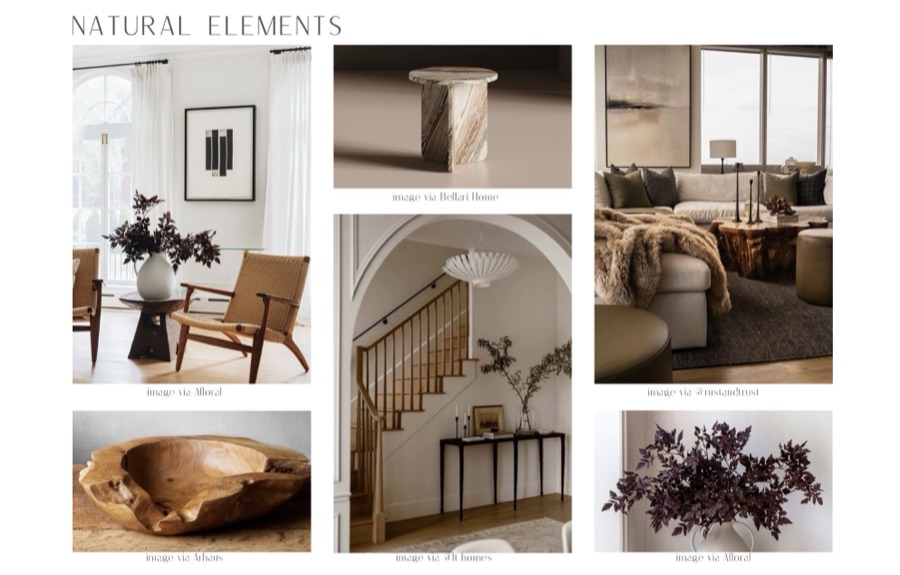 Natural Elements mood board — wood, stone, and greenery